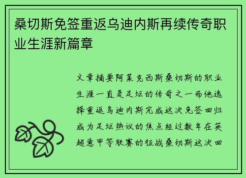 桑切斯免签重返乌迪内斯再续传奇职业生涯新篇章