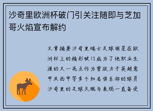 沙奇里欧洲杯破门引关注随即与芝加哥火焰宣布解约